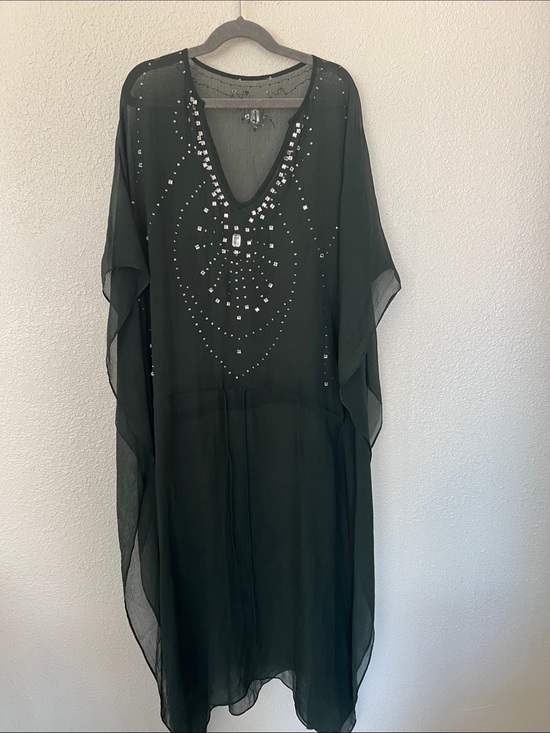 The Unbranded Brand Dresses & Skirts - Sheer Dark Green Beaded V-Neck Caftan